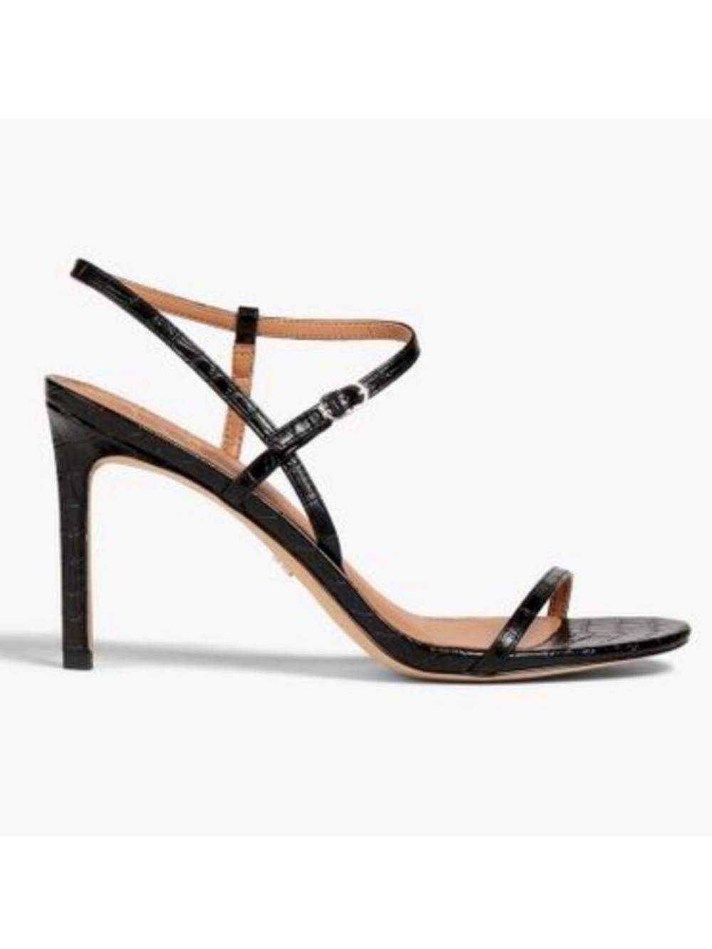 New SAM EDELMAN Doran Metallic Black Strappy Croc Leather Stiletto Sandals 10